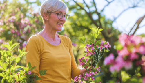 Une femme qui sourit en tenant une plante en fleurs