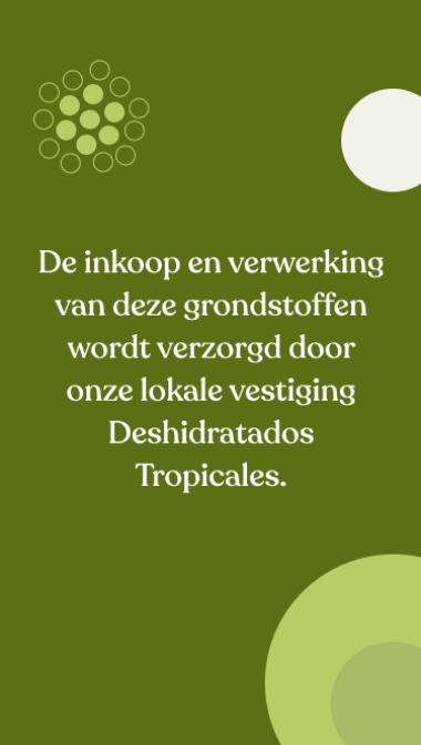 De inkoop en verwerking van deze grondstoffen wordt verzorgd door onze lokale vestiging Deshidratados Tropicales.
