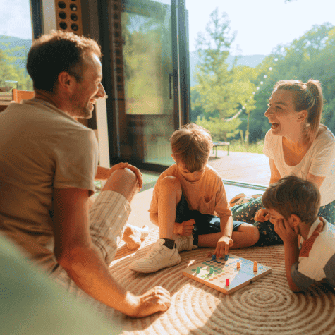 Famille souriante autour d’un jeu